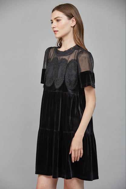 Contrast Sheer Mesh With Intricate Lace Detail Velvet Dress