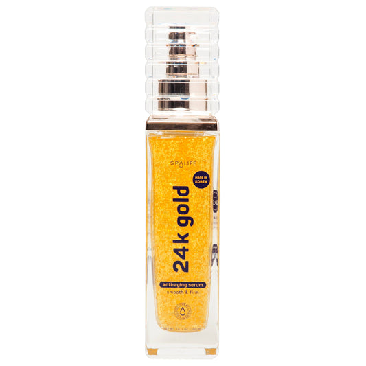Clear bottle of 24k Gold Anti-aging Facial Serum with gold flecks, rectangular transparent cap, and label for collagen-boosting formula; available in 30ml and 50ml sizes.