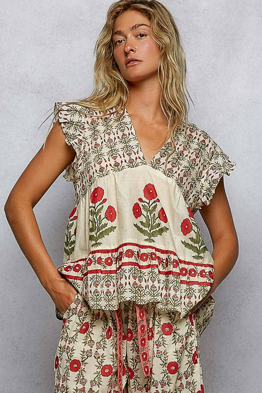 Ruffle Sleeve V-Neck Floral Pattern Top with red and green floral prints, ruffle sleeves. Sizes: S, M, L, XL.