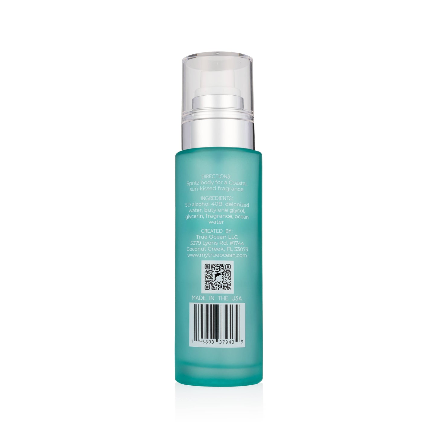 True Ocean Body Spray, frosted teal bottle, 3.4 oz, clear pump cap, white text, beach scent; full label with info and QR code.