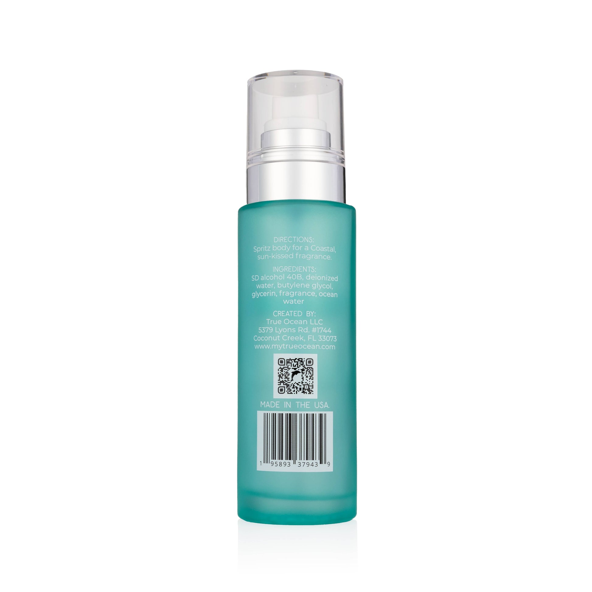 True Ocean Body Spray, frosted teal bottle, 3.4 oz, clear pump cap, white text, beach scent; full label with info and QR code.