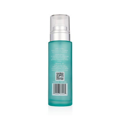True Ocean Body Spray, frosted teal bottle, 3.4 oz, clear pump cap, white text, beach scent; full label with info and QR code.