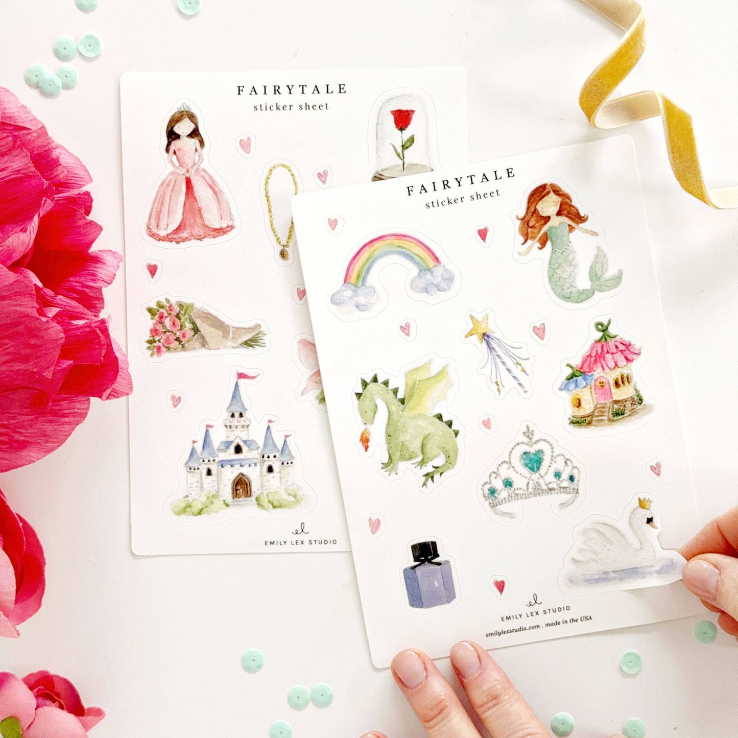 Matte vinyl sticker sheets with watercolor fairytale art; includes princess, mermaid, dragon. Sizes: 4x6 in, 5x7 in.