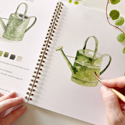 Garden Watercolor Workbook with step-by-step guides, color swatches, and finished sample. Sizes available: standard workbook size.