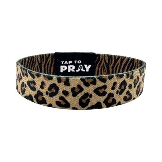Safari Leopard Tap To Pray™ wristband with bold leopard print and black “TAP TO PRAY” label. Available in multiple sizes.