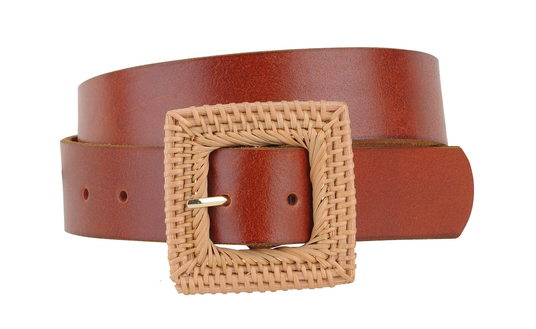 Woven Straw Square Buckle Leather Belt: Crafted from genuine leather with a light brown woven straw buckle, features multiple holes for adjustment. Sizes available: S, M, L, XL.