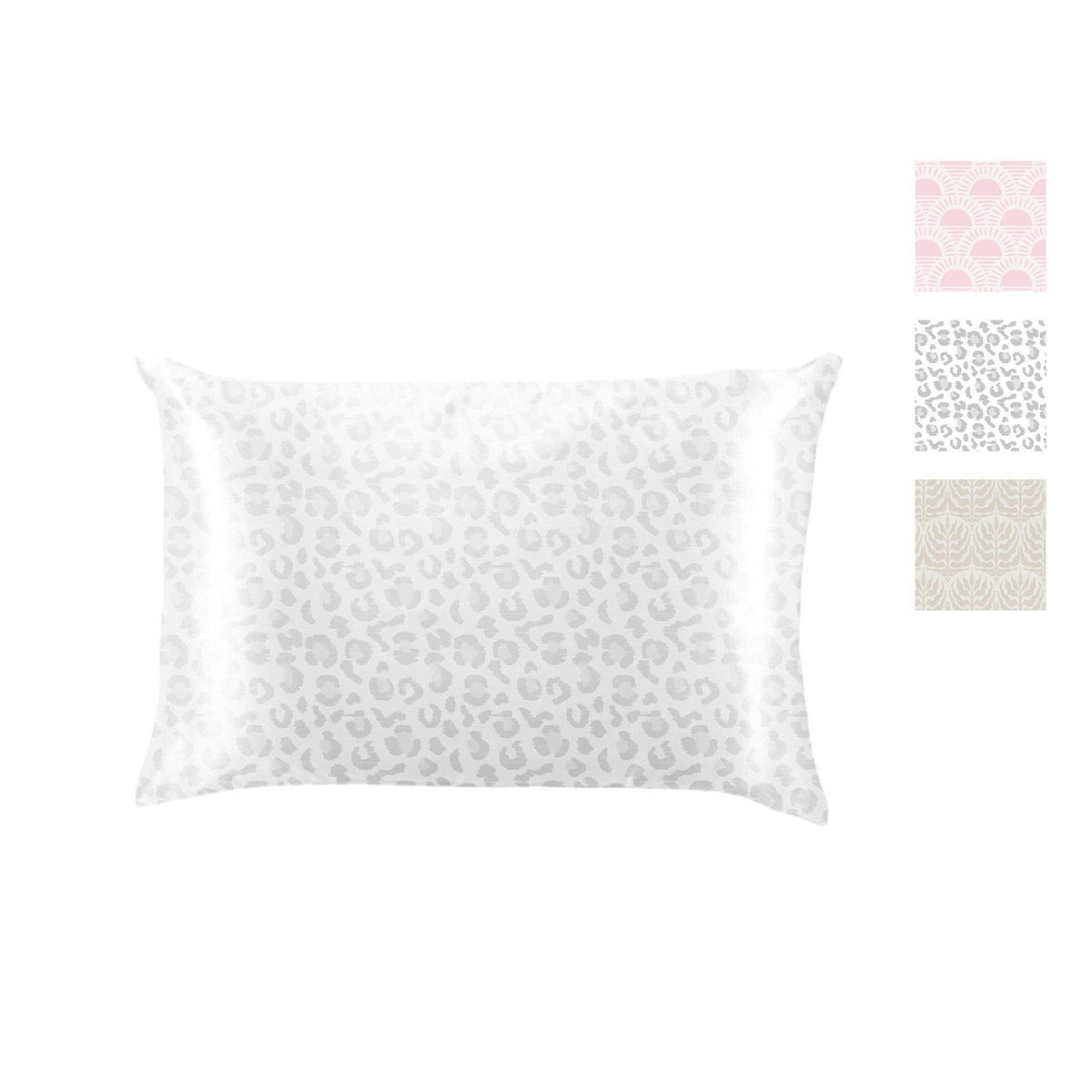 White silky pillowcase with gray leopard print. Available in standard and travel sizes.