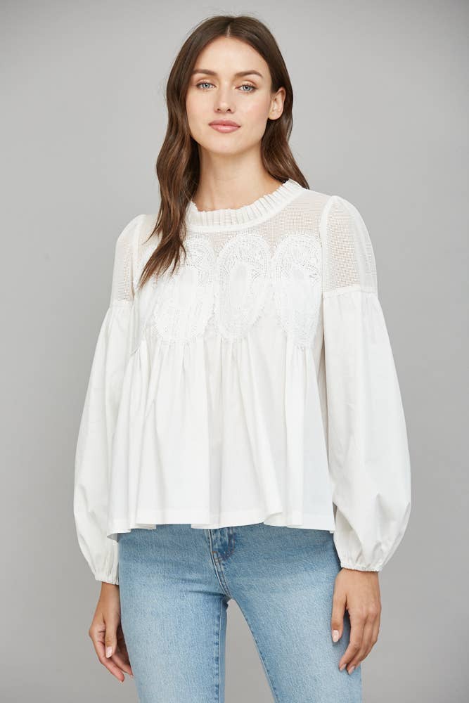 Lace Appliqué Detail Mixed Media Long Sleeve Blouse