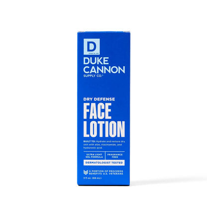Blue rectangular box of Dry Defense Face Lotion, ultra-light, fragrance-free. Available in 1.7 oz and 3 oz sizes.
