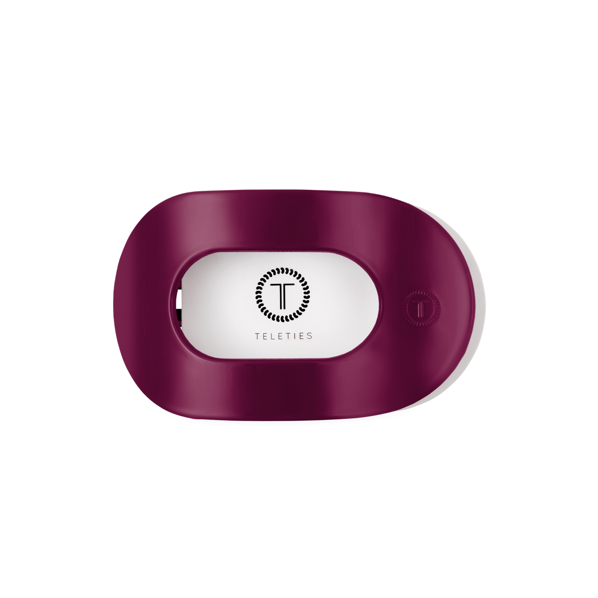Maroon oval Teleties hair tie holder with logo and text in the center; available in multiple sizes.