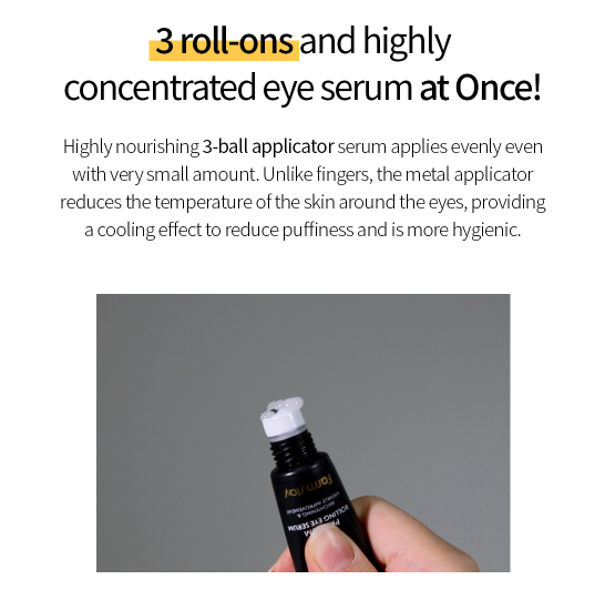 FARMSTAY Black Snail Premium Rolling Eye Serum, black tube with white cap and 3 roller balls. Available in 25ml size.