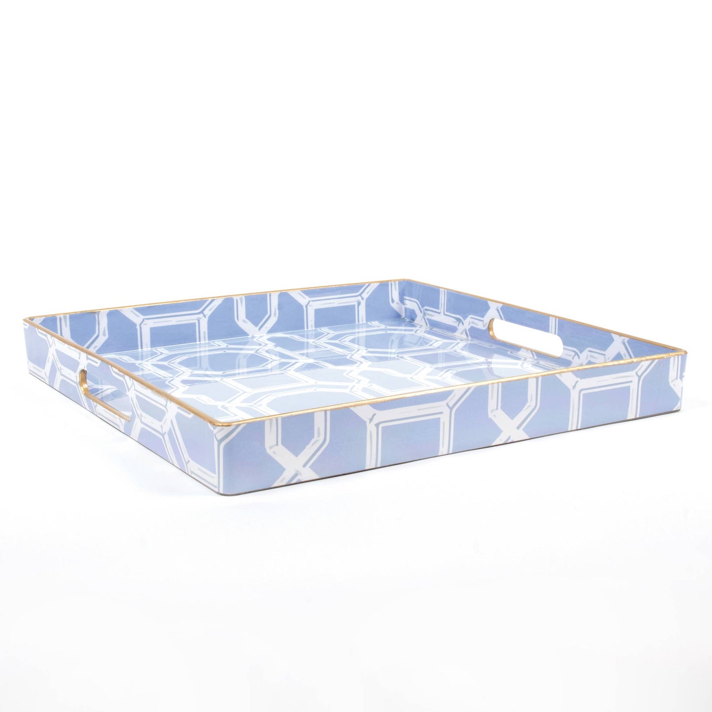 Blue and white square tray with gold-trimmed edges, side handles; available in small and large sizes.