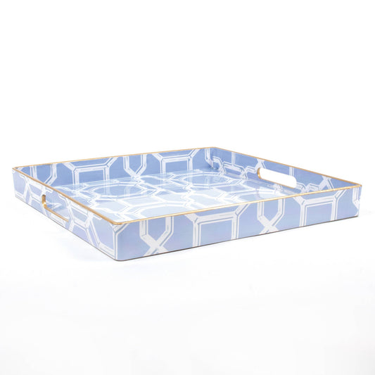Blue and white square tray with gold-trimmed edges, side handles; available in small and large sizes.