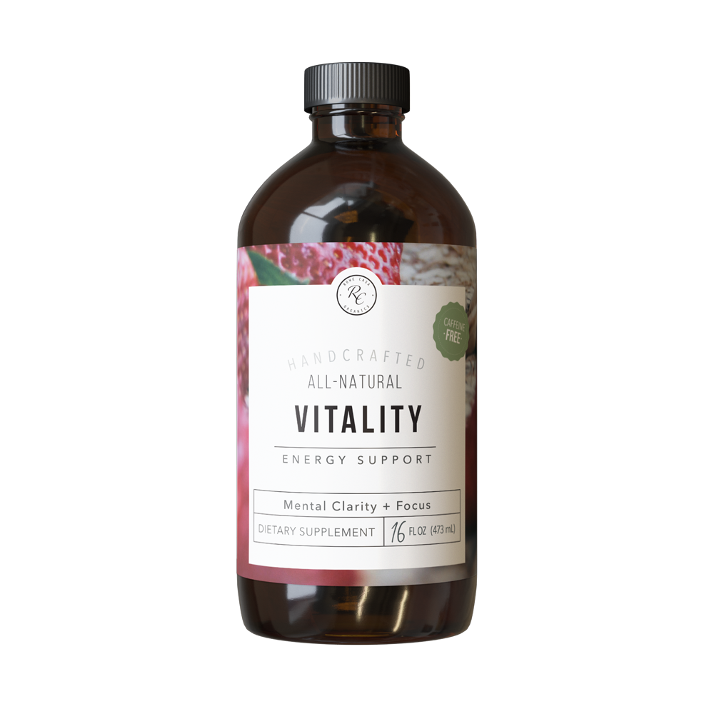 A 16 oz brown bottle labeled “VITALITY Energy Support,” a decaffeinated, all-natural, gluten-free dietary supplement with fruit imagery.