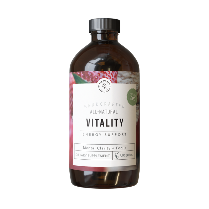A 16 oz brown bottle labeled “VITALITY Energy Support,” a decaffeinated, all-natural, gluten-free dietary supplement with fruit imagery.