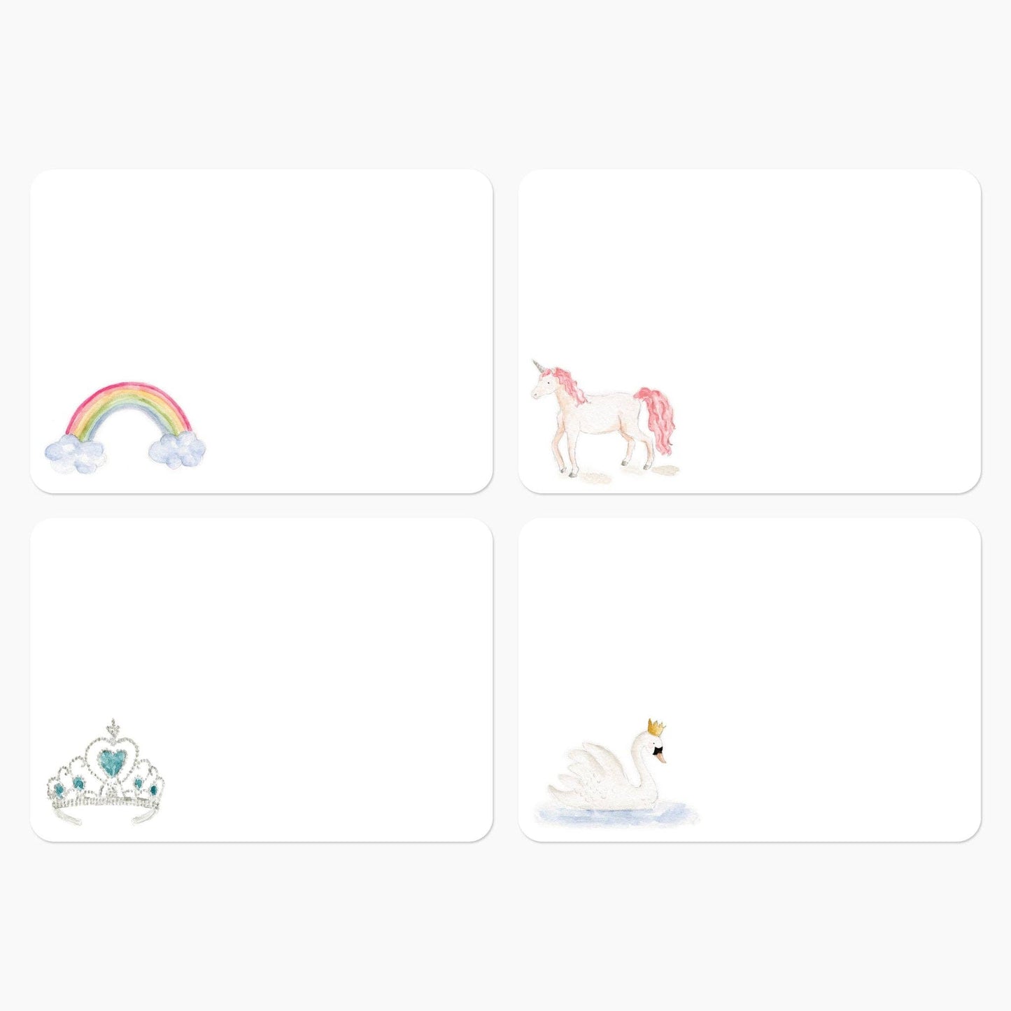 Set of 4 watercolor notecards with rainbow, unicorn, crown, and swan designs. Size options: A2 (4.25x5.5").