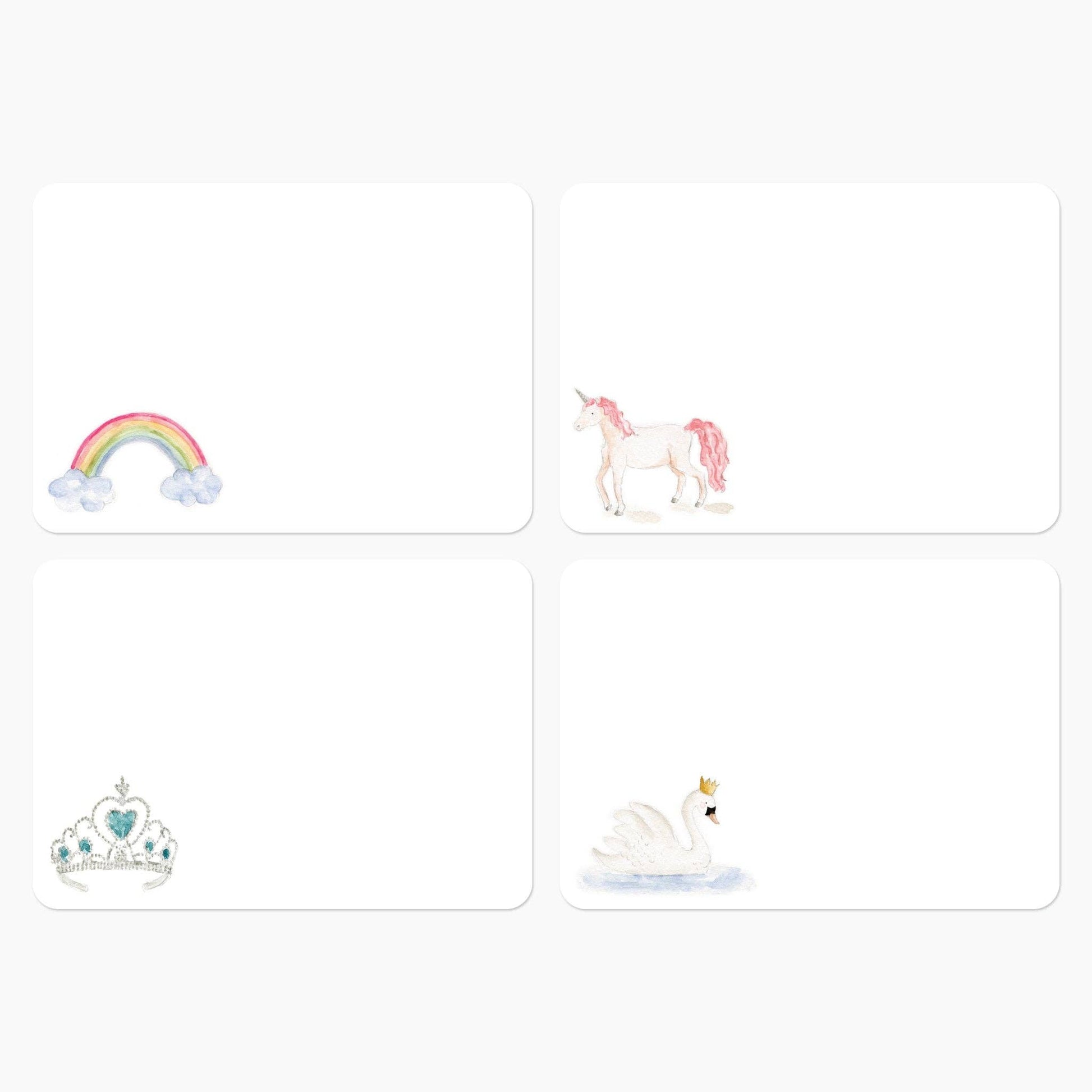 Set of 4 watercolor notecards with rainbow, unicorn, crown, and swan designs. Size options: A2 (4.25x5.5").