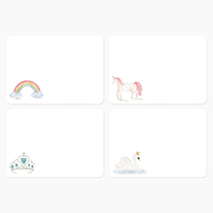 Set of 4 watercolor notecards with rainbow, unicorn, crown, and swan designs. Size options: A2 (4.25x5.5").