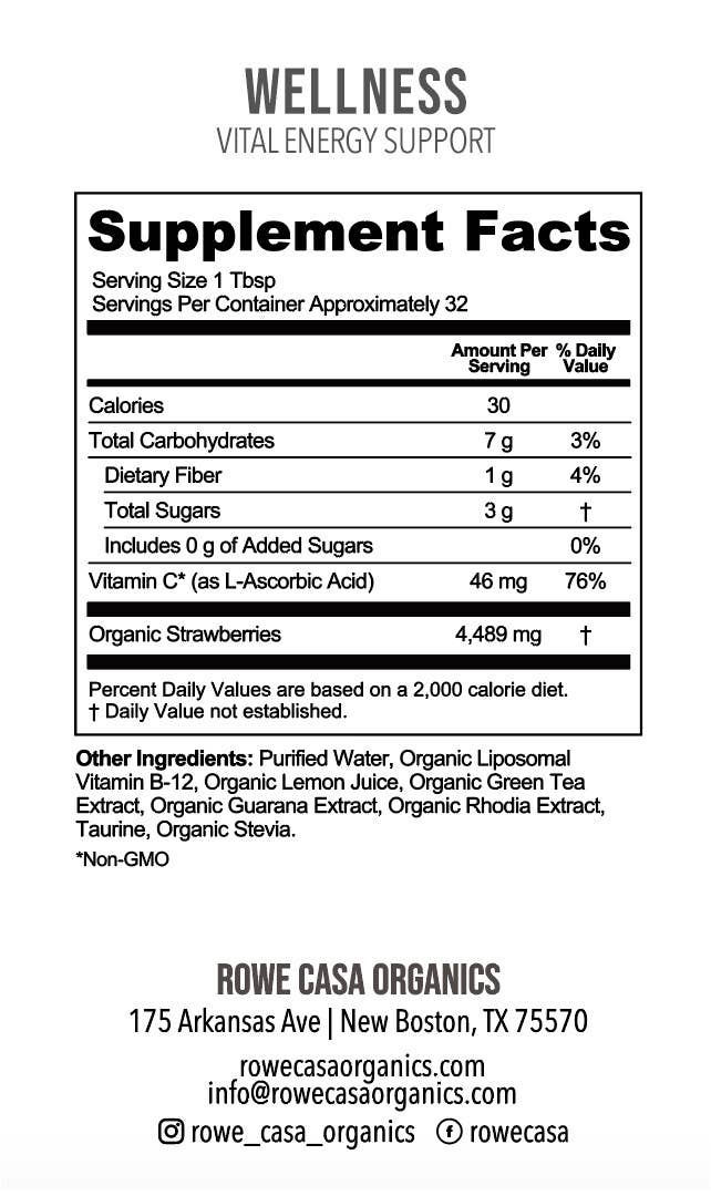 Supplement Facts label for Rowe Casa Organics “VITALITY | Energy Support | 16 oz: Decaffeinated,” showing serving size, nutrient content, organic strawberry amount, energy blend ingredient list, and company contact information. Size: 16 oz.