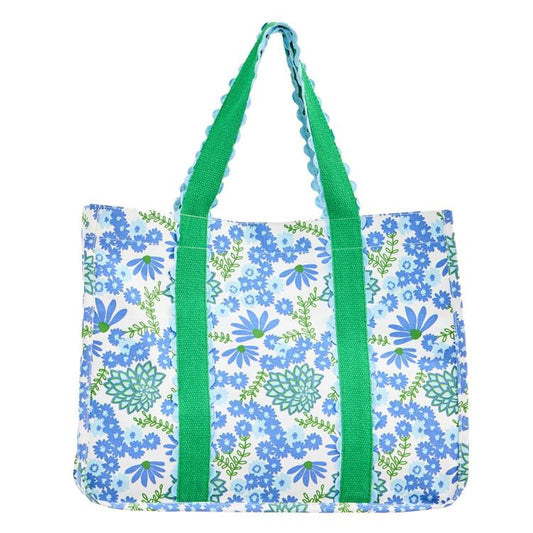Capri Daisy Chain White Carryall tote with green handles, blue-green daisy print on white. Sizes: S, M, L.