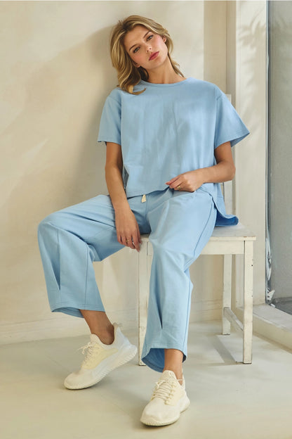 Effortless Blue Lounge Set: drawstring pants, relaxed short-sleeve tee. Available in sizes XS–XL.