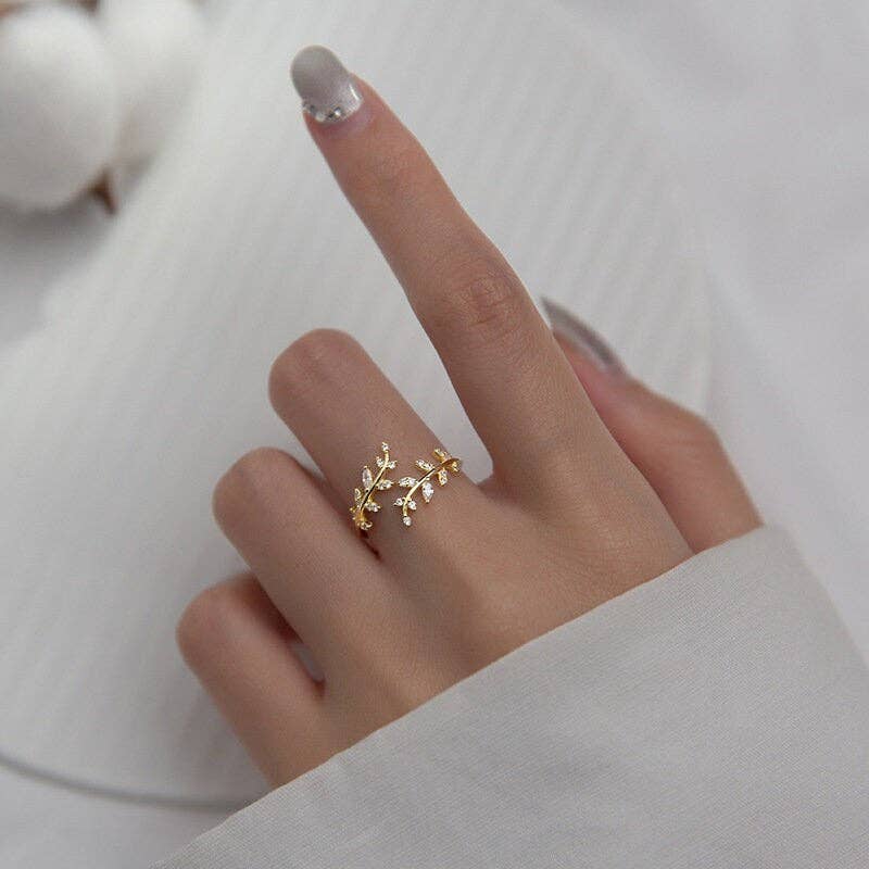 Gold Olive Tree Leaf Branch Band Ring in gold-plated 925 Sterling Silver, crystal accents. Sizes available: 5-9.
