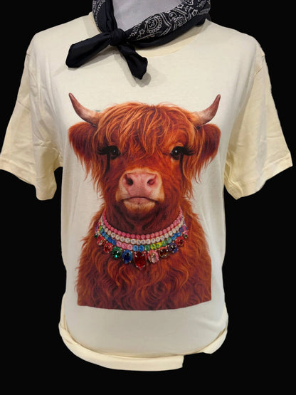 Light pink crewneck t-shirt with Jeweled Collar Highland Calf graphic on front, shown in size medium with no added bling. Available in multiple sizes.