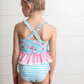 Kids Pink & Blue Ruffle Cross Back 2 Piece Swimsuit