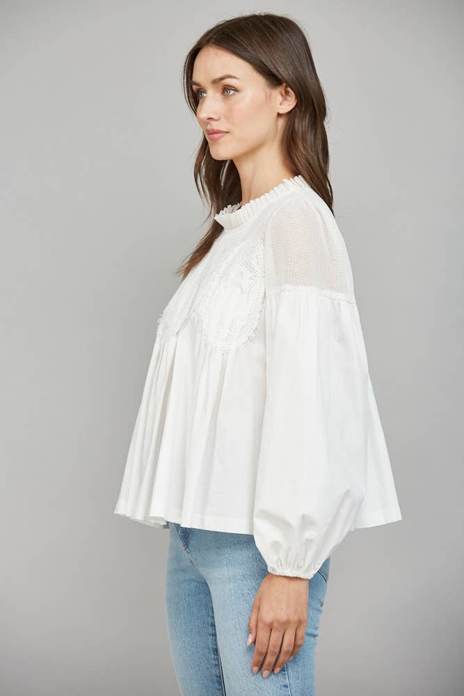 Lace Appliqué Detail Mixed Media Long Sleeve Blouse