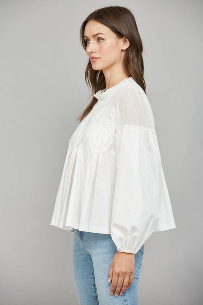 Lace Appliqué Detail Mixed Media Long Sleeve Blouse