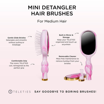 Pink and white Mini Detangler Brush with foldable handle, shown open and closed. Medium size. Built-in mirror, removable cleaner, comfortable grip, gentle bristles.
