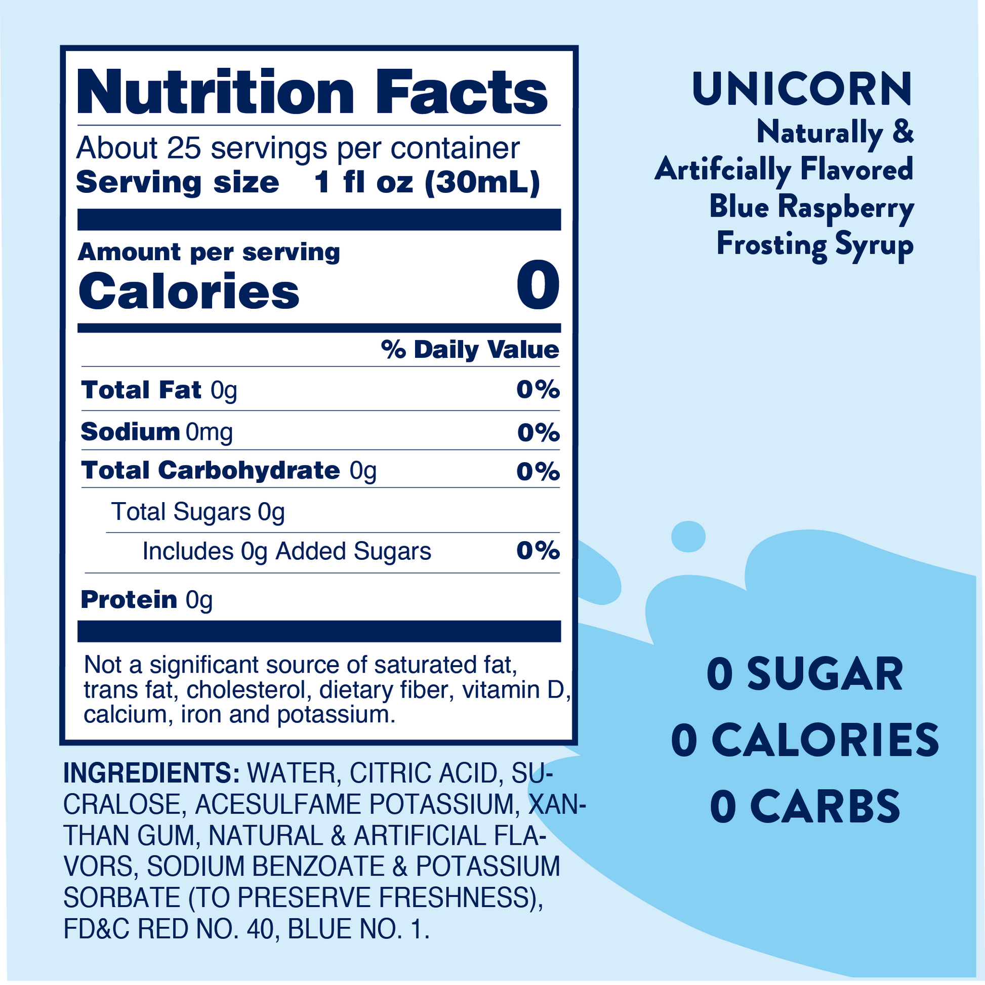 Sugar Free Unicorn™ Syrup nutrition: 0 calories, 0 sugar, 0 carbs per 1 fl oz; keto-friendly. Size shown: 1 fl oz serving.