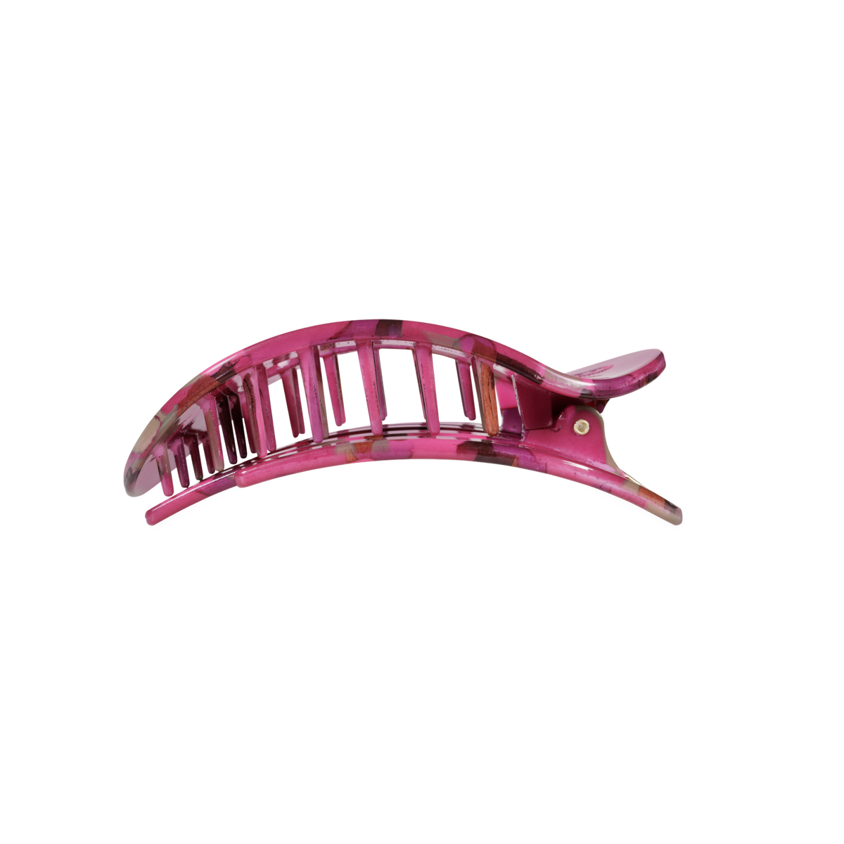 Garden Glam Medium Flat Round Hair Clip in pink marbled plastic with open slats, available in medium size.