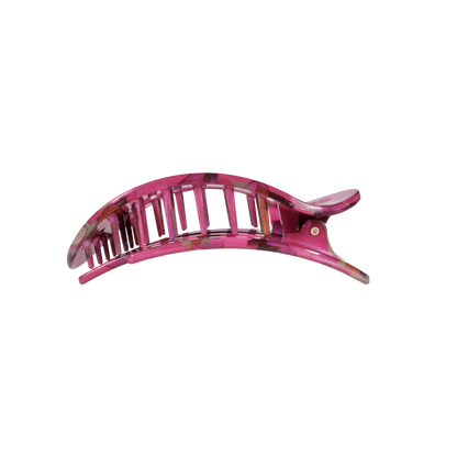Garden Glam Medium Flat Round Hair Clip in pink marbled plastic with open slats, available in medium size.