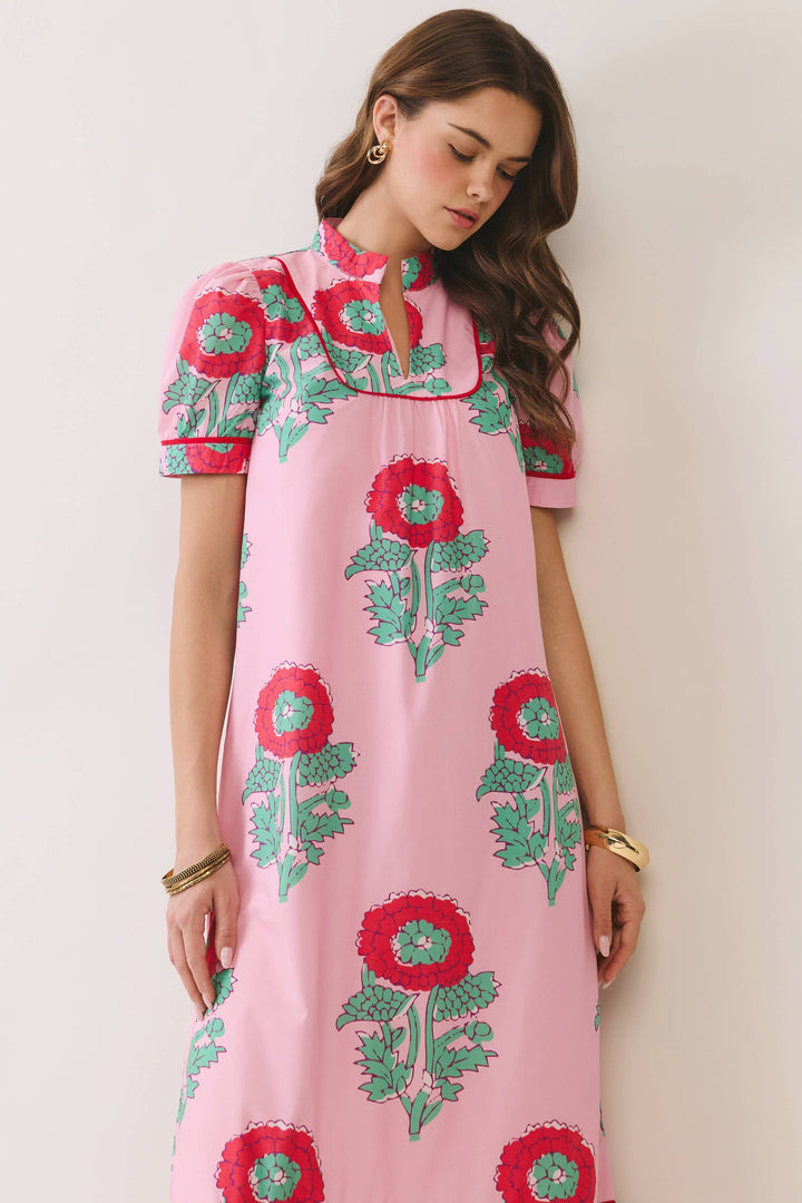 Pink Floral Print Mandarin Collar Midi Dress with short sleeves, bold red/green pattern. Available in sizes XS-XL.