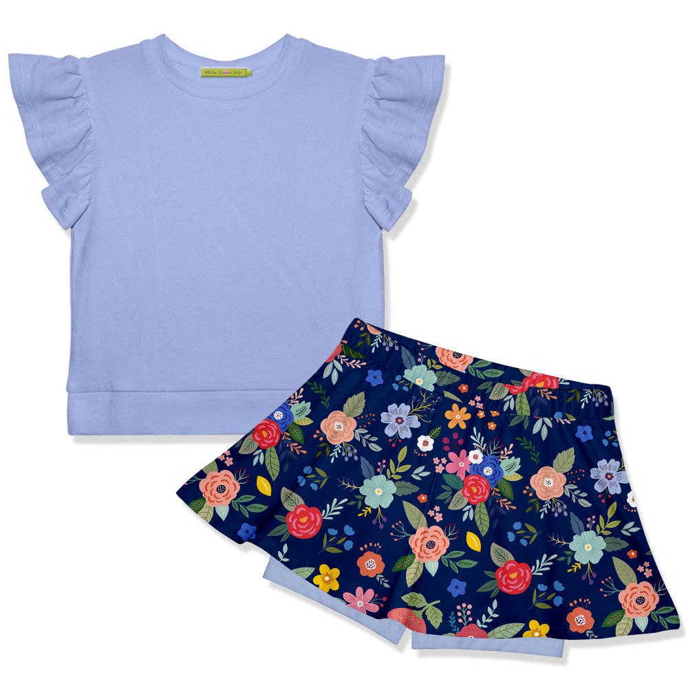 Girls’ periwinkle terry top with ruffled sleeves and navy floral skort; available in sizes 2T-12.