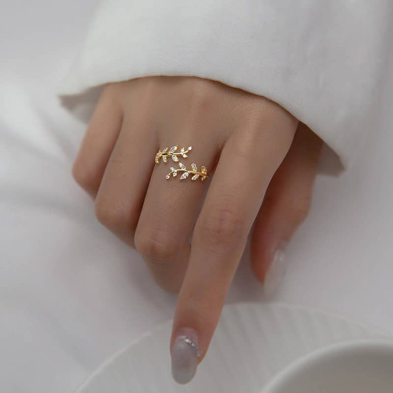 Gold Olive Tree Leaf Branch Band Ring in 925 Sterling Silver (Gold &amp; Silver), available in sizes 5-9.