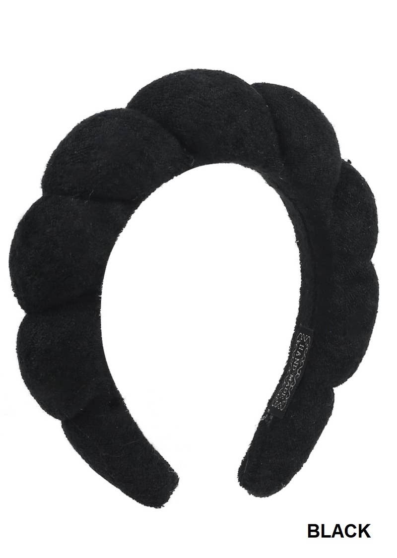 Soft black terry towel hair headband with scalloped edges. Sizes available: S, M, L.