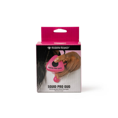 Pink and black "Modern Monkey Squid Pro Quo Rechargeable Body Massager" box shown; sizes: small, medium, large.