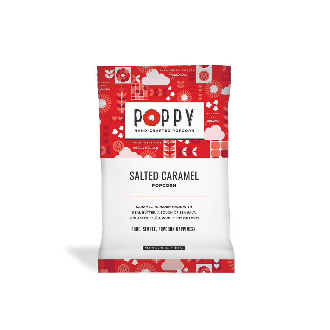 Salted Caramel Snack Bag with red and white design, gluten-free. Available in 2oz and 6oz sizes.