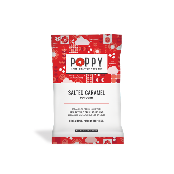 Salted Caramel Snack Bag with red and white design, gluten-free. Available in 2oz and 6oz sizes.