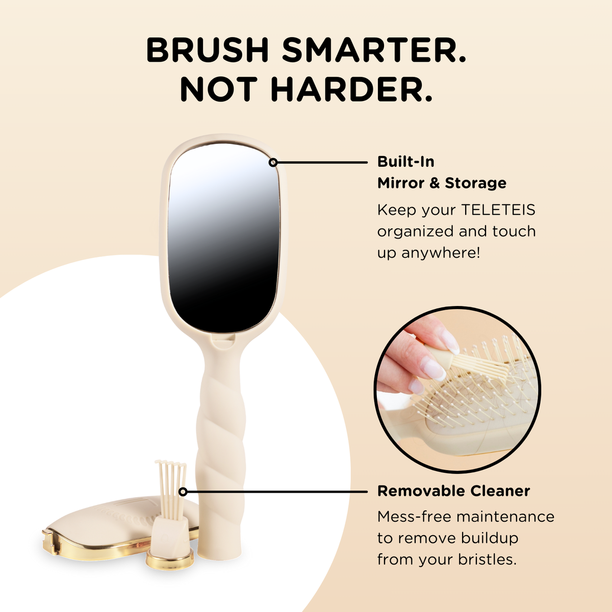 Tan Detangler Hair Brush for Medium Hair, built-in mirror and storage, removable cleaner; features mess-free cleaning. Text: “Brush smarter. Not harder.” Available in medium size.