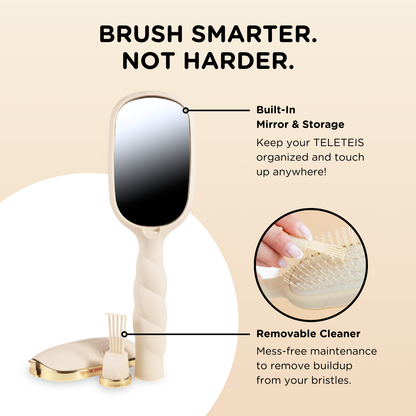 Tan Detangler Hair Brush for Medium Hair, built-in mirror and storage, removable cleaner; features mess-free cleaning. Text: “Brush smarter. Not harder.” Available in medium size.