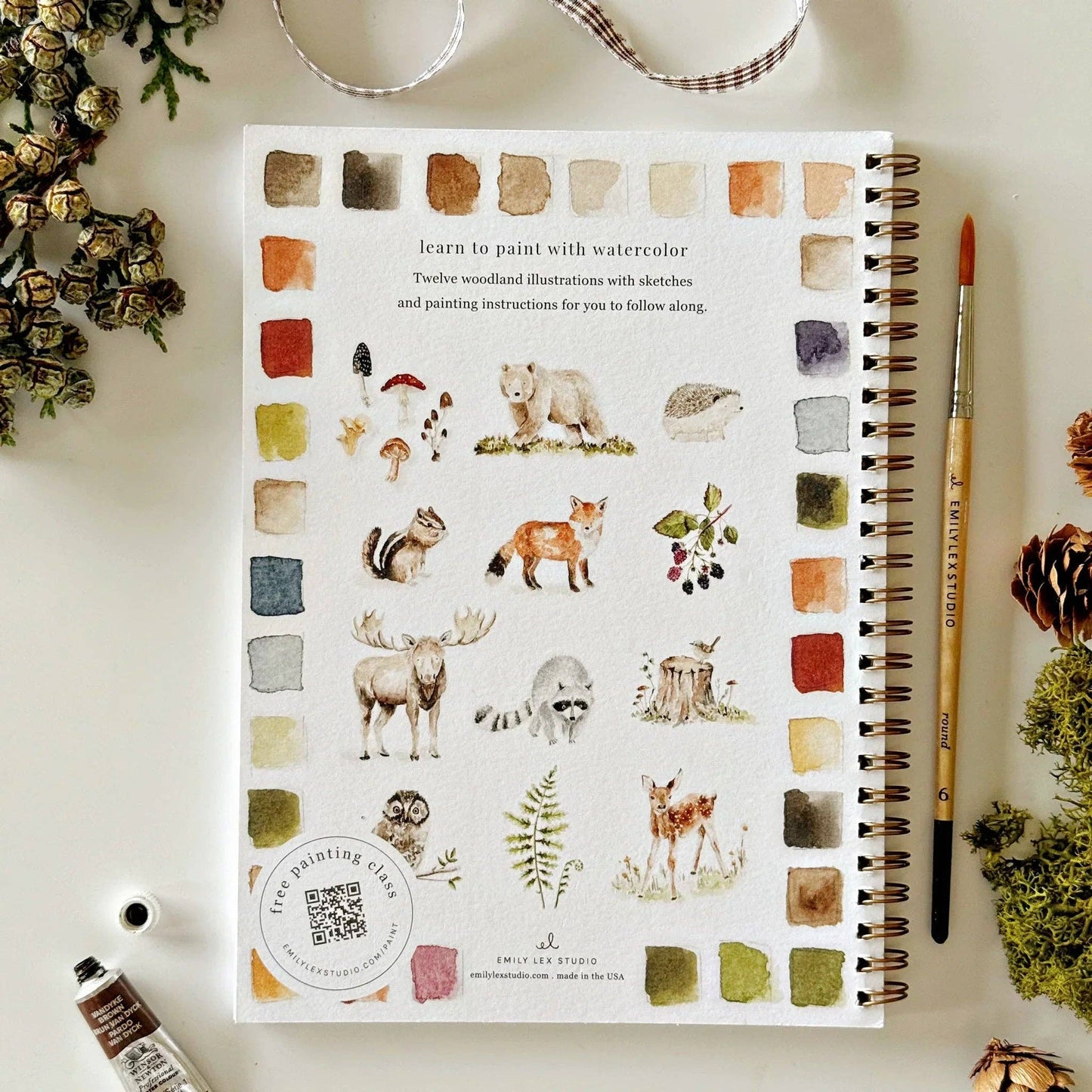 The Woodland Watercolor Workbook is a spiral-bound painting book with woodland-themed illustrations. Available sizes: 8x10 inches and 9x12 inches.