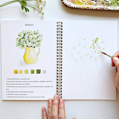 The Flowers Watercolor Workbook offers step-by-step daisy painting tutorials. Sizes available: standard workbook size.