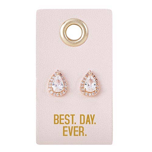 Teardrop-shaped, crystal-studded wedding earrings. Available in one size. Gold "BEST. DAY. EVER." text on display card.