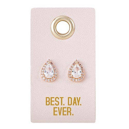 Teardrop-shaped, crystal-studded wedding earrings. Available in one size. Gold "BEST. DAY. EVER." text on display card.
