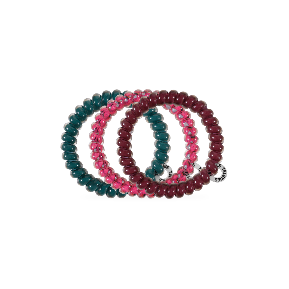 Three Harvest Hues Small Hair Ties in teal, pink, and burgundy. No-crease TELETIES designed for secure hold. Available in small size.