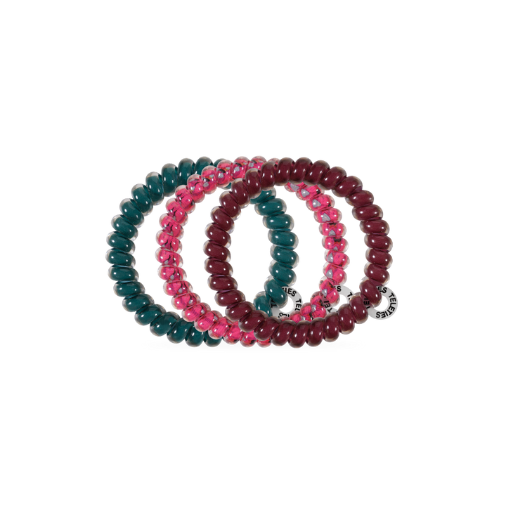 Three Harvest Hues Small Hair Ties in teal, pink, and burgundy. No-crease TELETIES designed for secure hold. Available in small size.