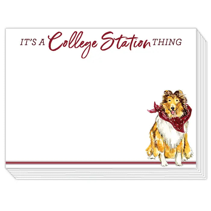 Slab Pad note card with "It’s a College Station Thing," red lines, collie graphic. Made in USA. Sizes available.